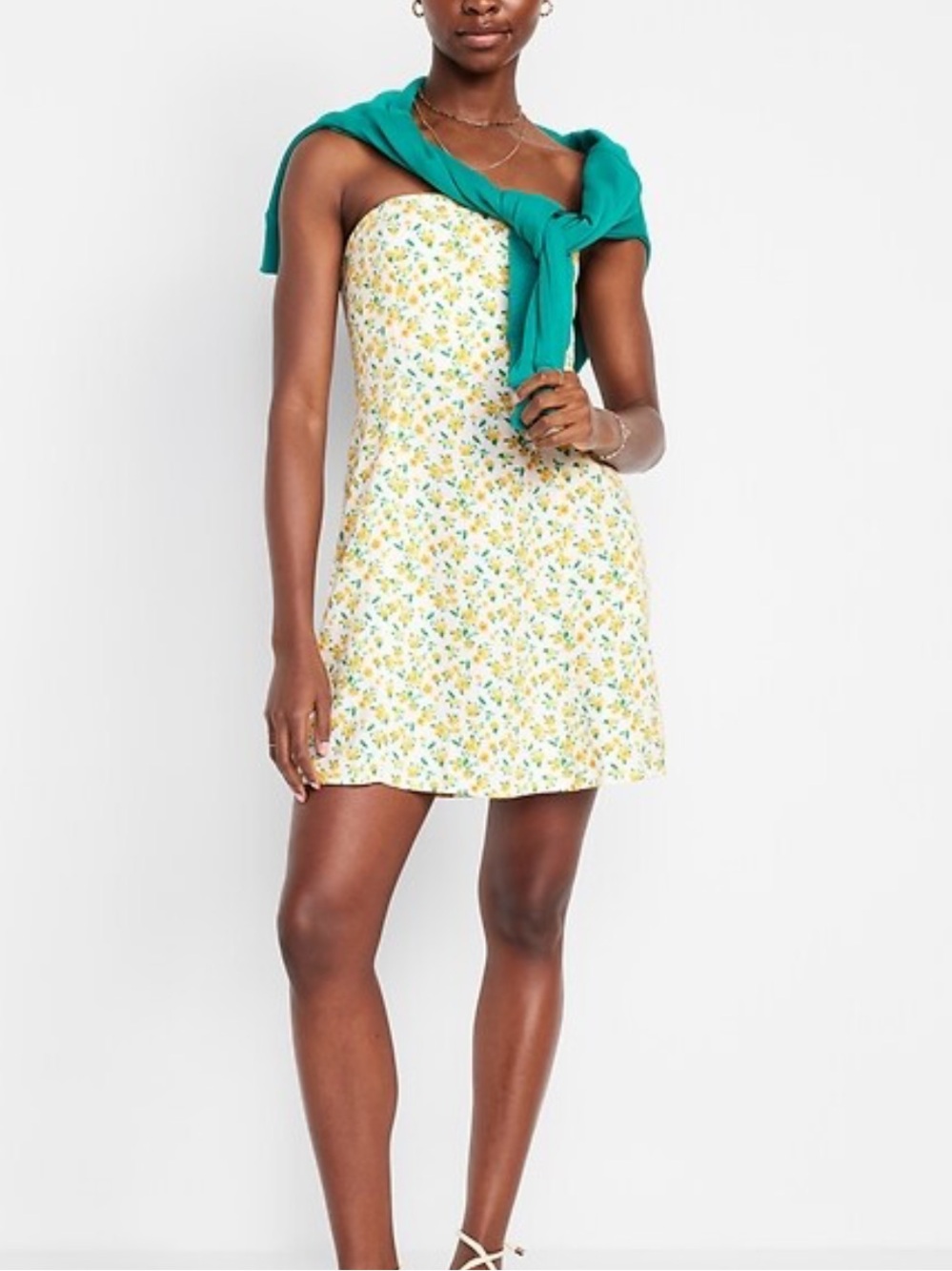 Strapless fit and flare linen blend yellow Floral Mini Dress ditsy print pockets